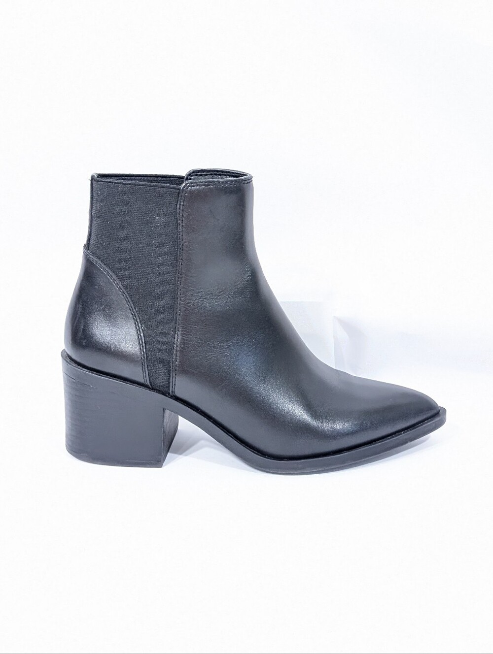 Steve Madden Black Leather Boots 6 Women Booties Block Heel Pointed Toe arrive